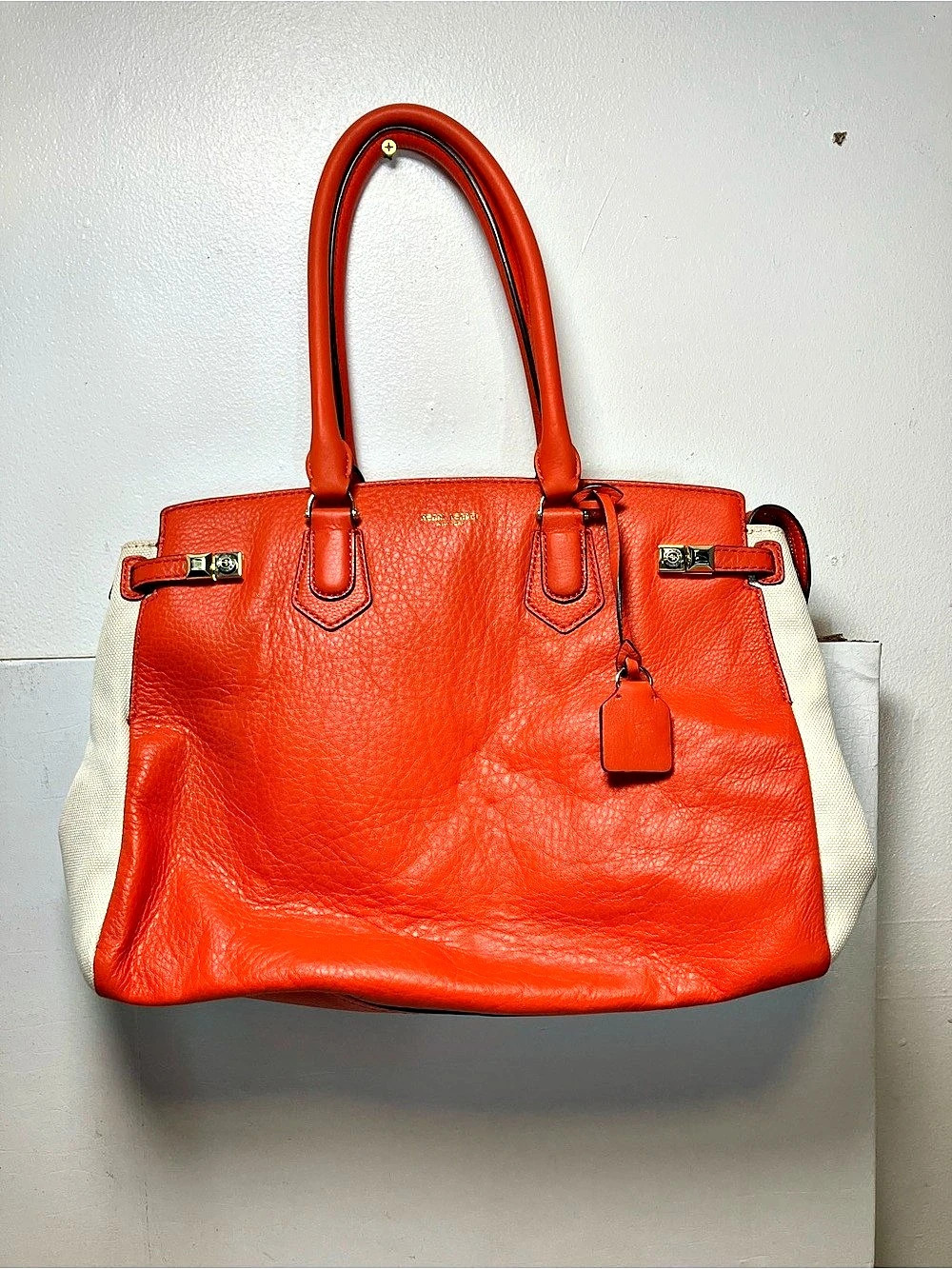 Henri Bendel Uptown Satchel Leather Tote Orange & White